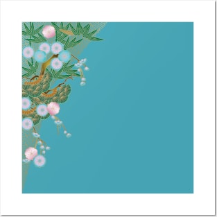 Cherry blossom, bamboo and pine tree on azure background Posters and Art